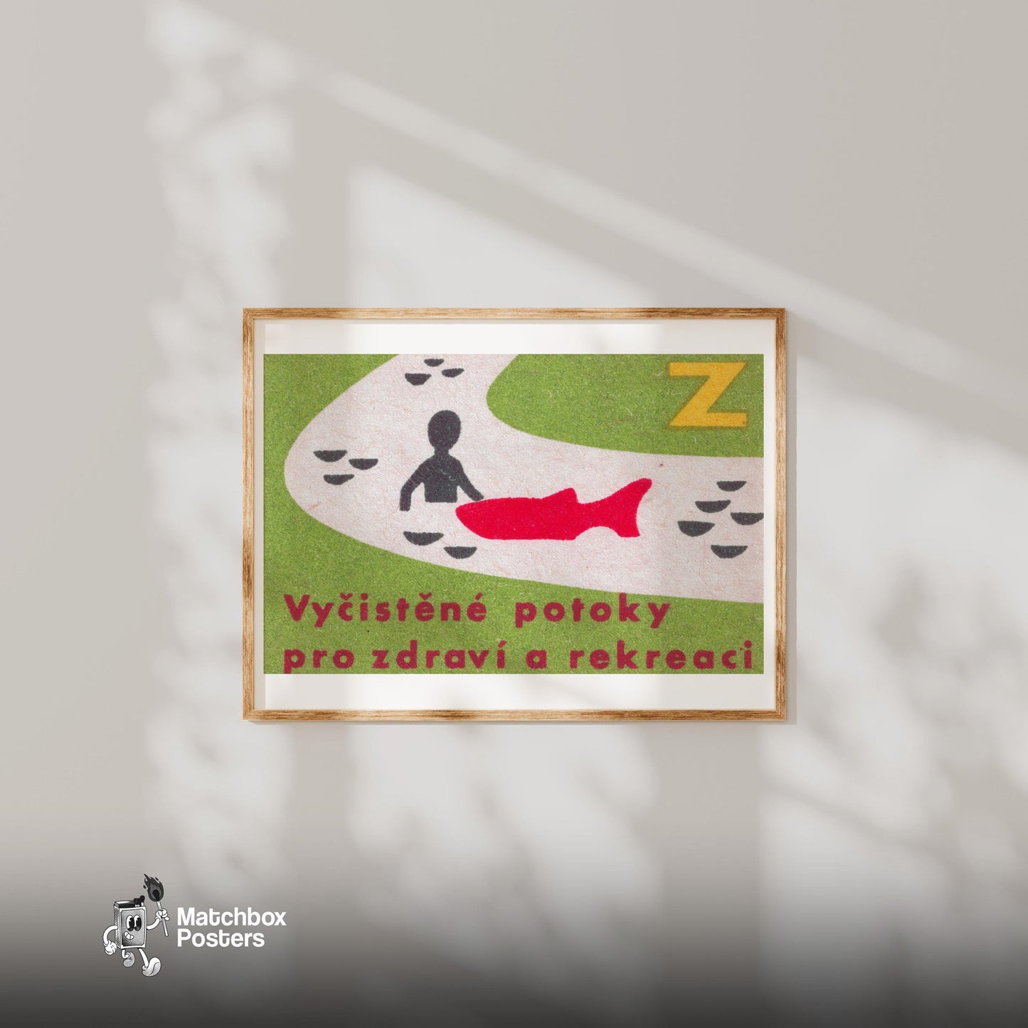 Silhouette with Red Fish - vintage matchbox label print - bedroom mockup