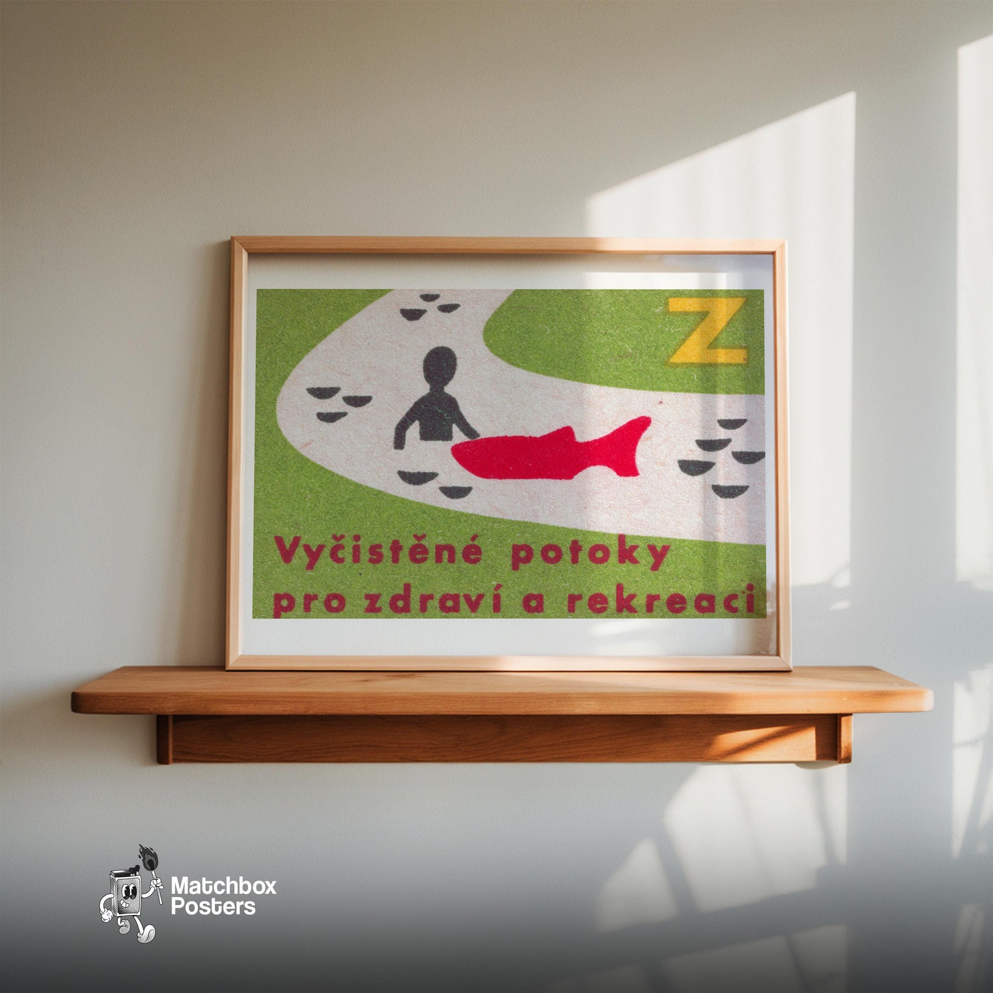 Silhouette with Red Fish - vintage matchbox label print - size comparison