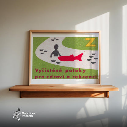 Silhouette with Red Fish - vintage matchbox label print - size comparison