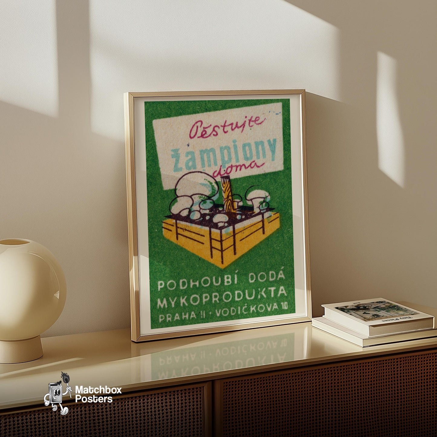 White Mushrooms - vintage matchbox label print - size comparison