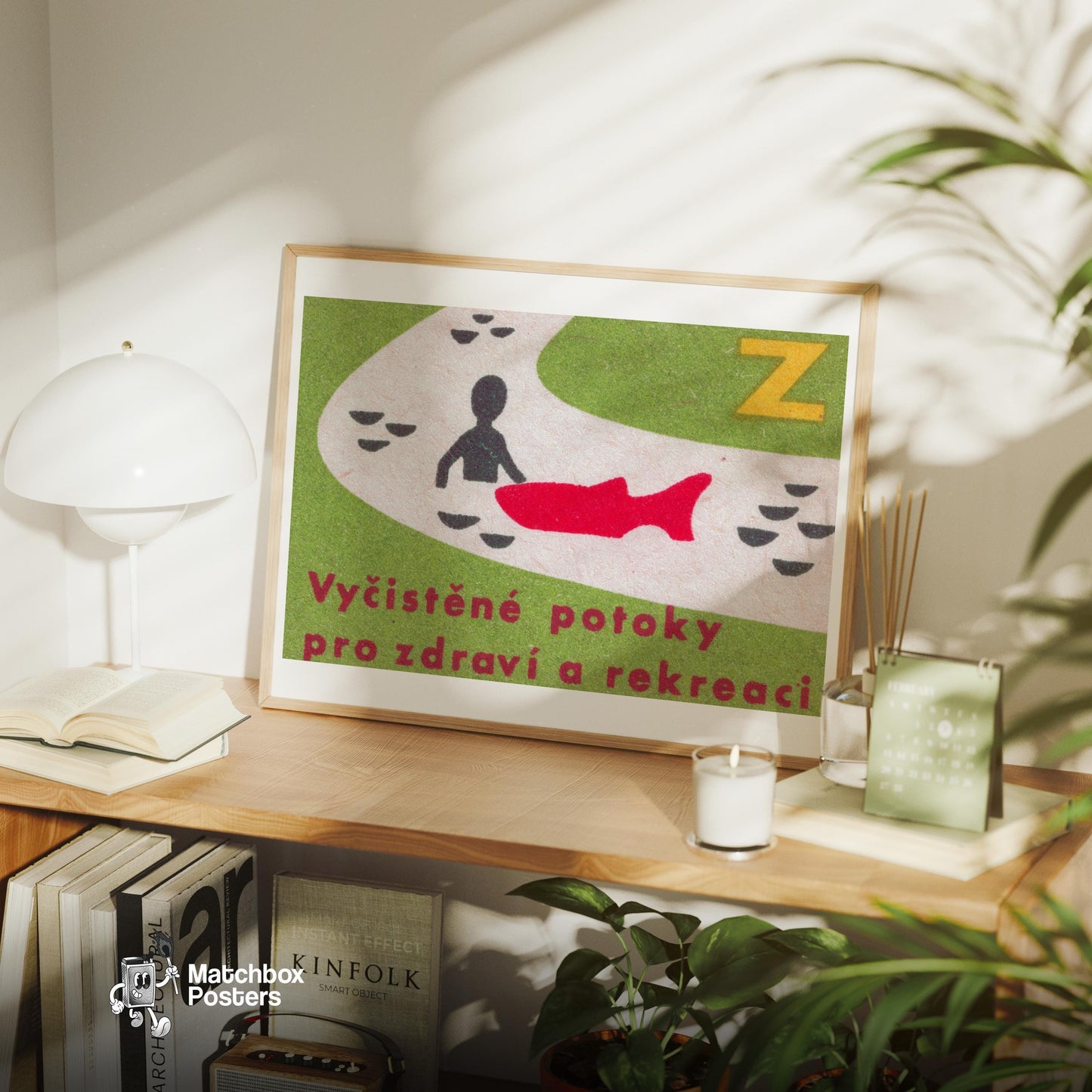 Silhouette with Red Fish - vintage matchbox label print - office wall