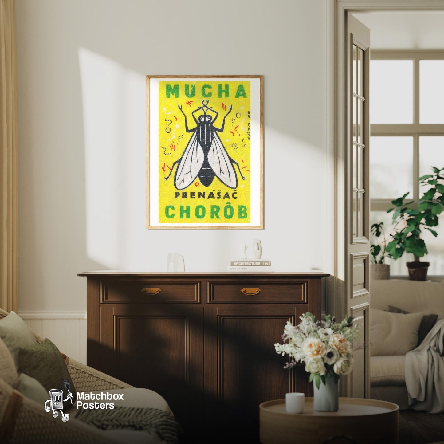 Fly - vintage matchbox label print - living room mockup