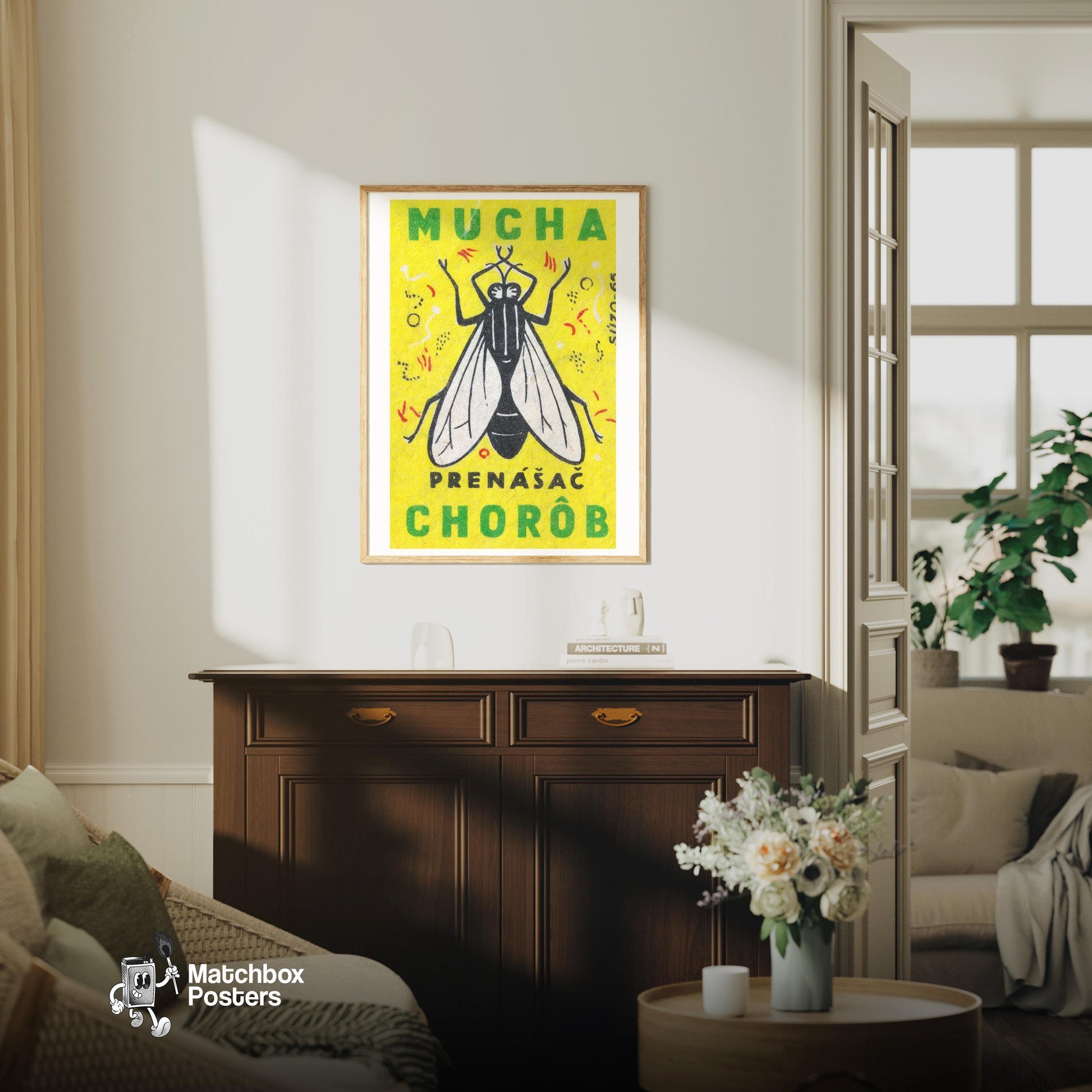 Fly - vintage matchbox label print - living room mockup