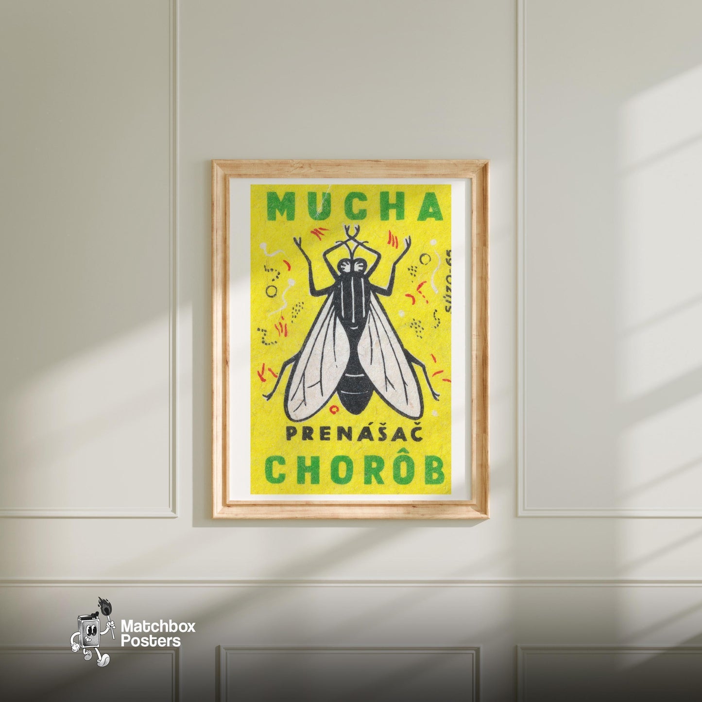 Fly - vintage matchbox label print - bedroom mockup