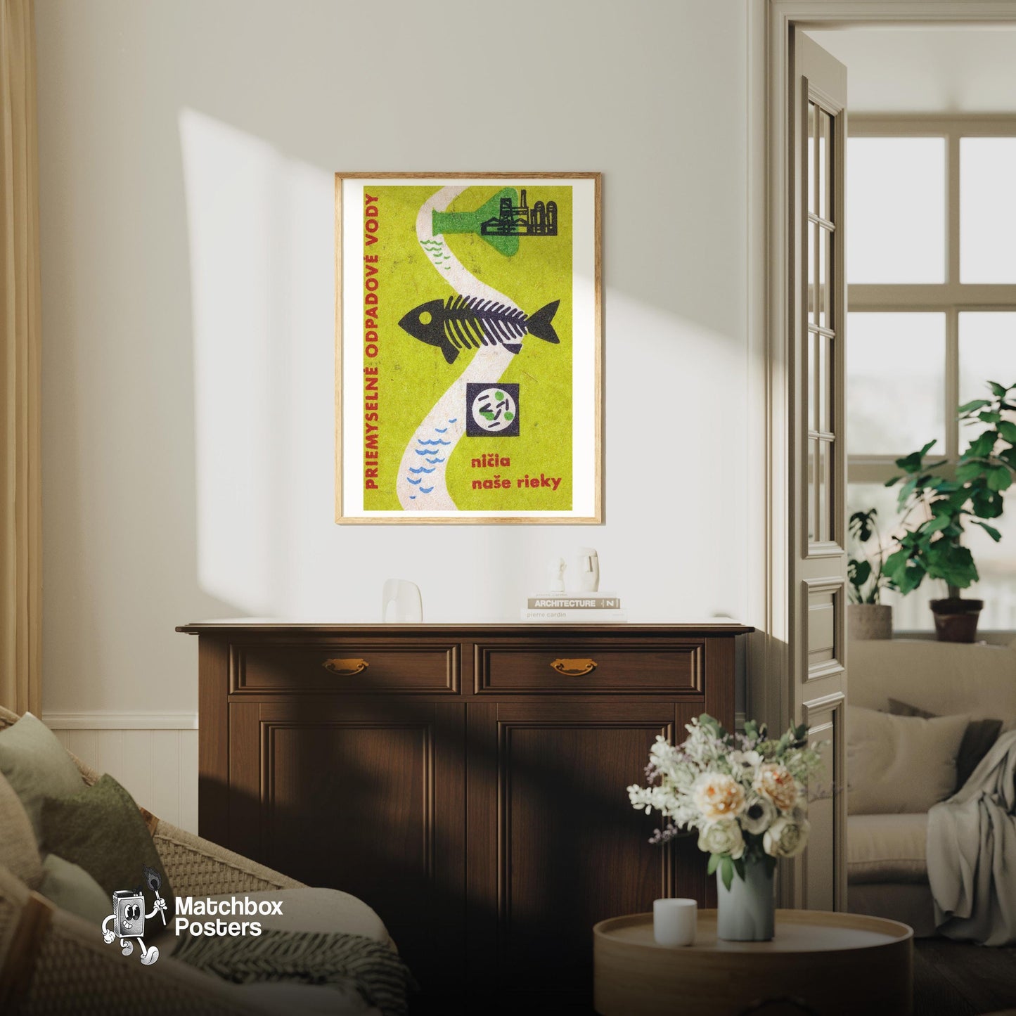 Industrial Waste Destroys Our Rivers - vintage matchbox label print - living room mockup