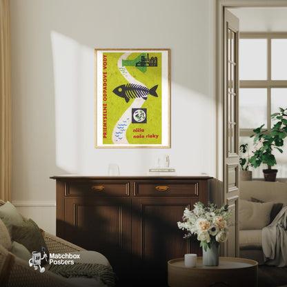 Industrial Waste Destroys Our Rivers - vintage matchbox label print - living room mockup