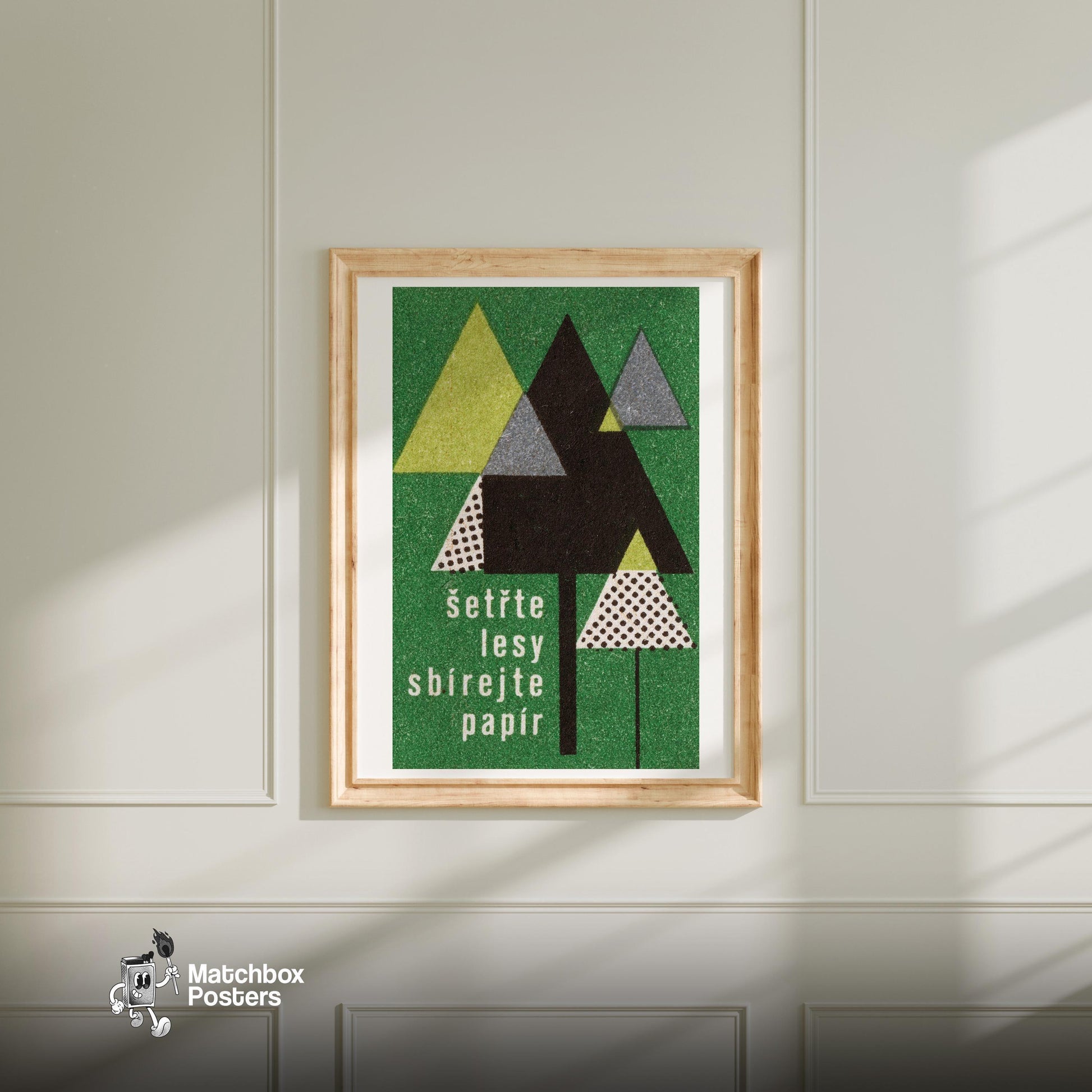 Stylized Geometric Trees - vintage matchbox label print - bedroom mockup