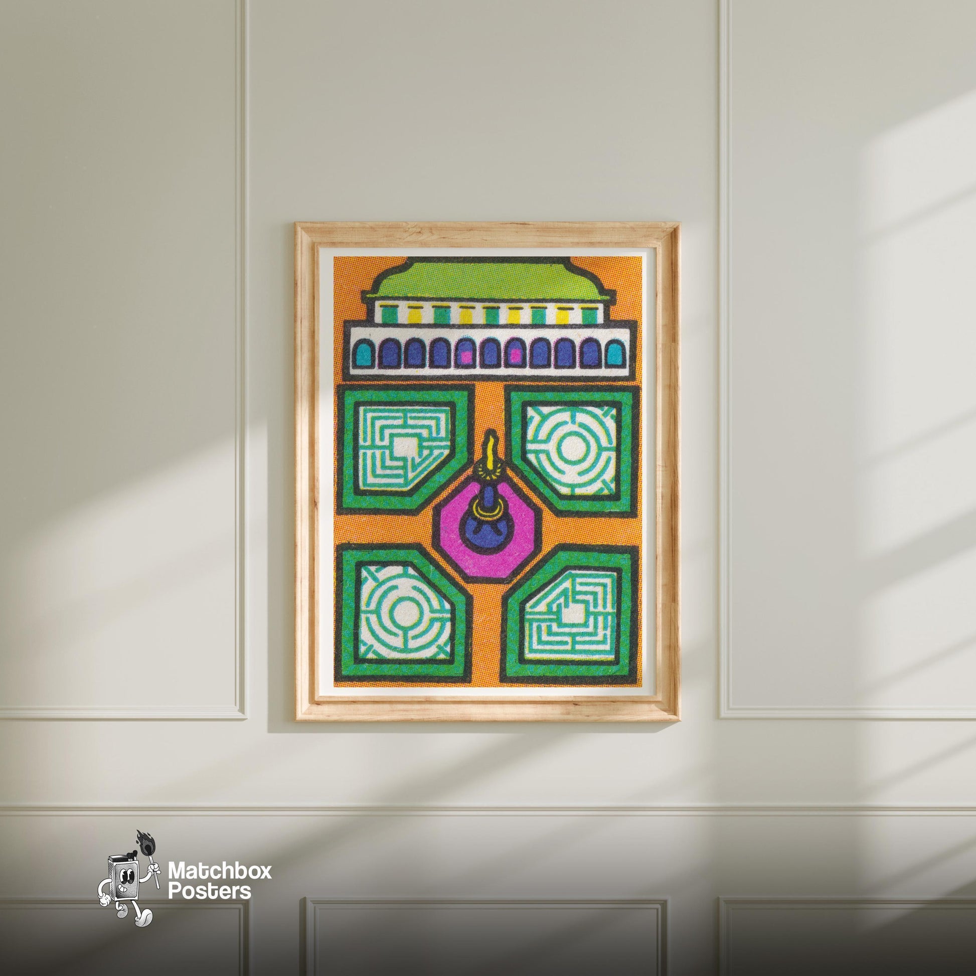 Stylized Building - vintage matchbox label print - bedroom mockup