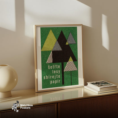 Stylized Geometric Trees - vintage matchbox label print - size comparison