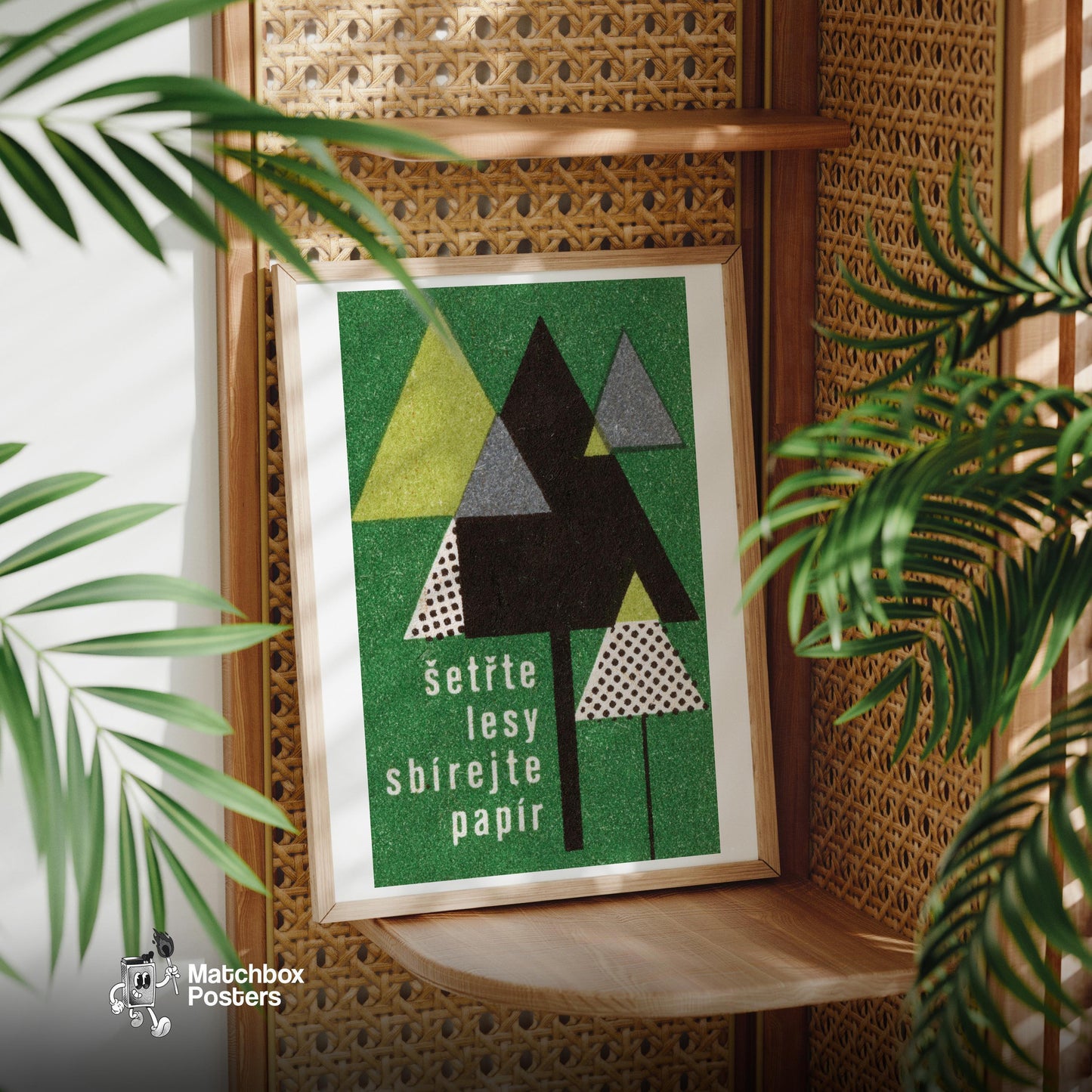 Stylized Geometric Trees - vintage matchbox label print - office wall