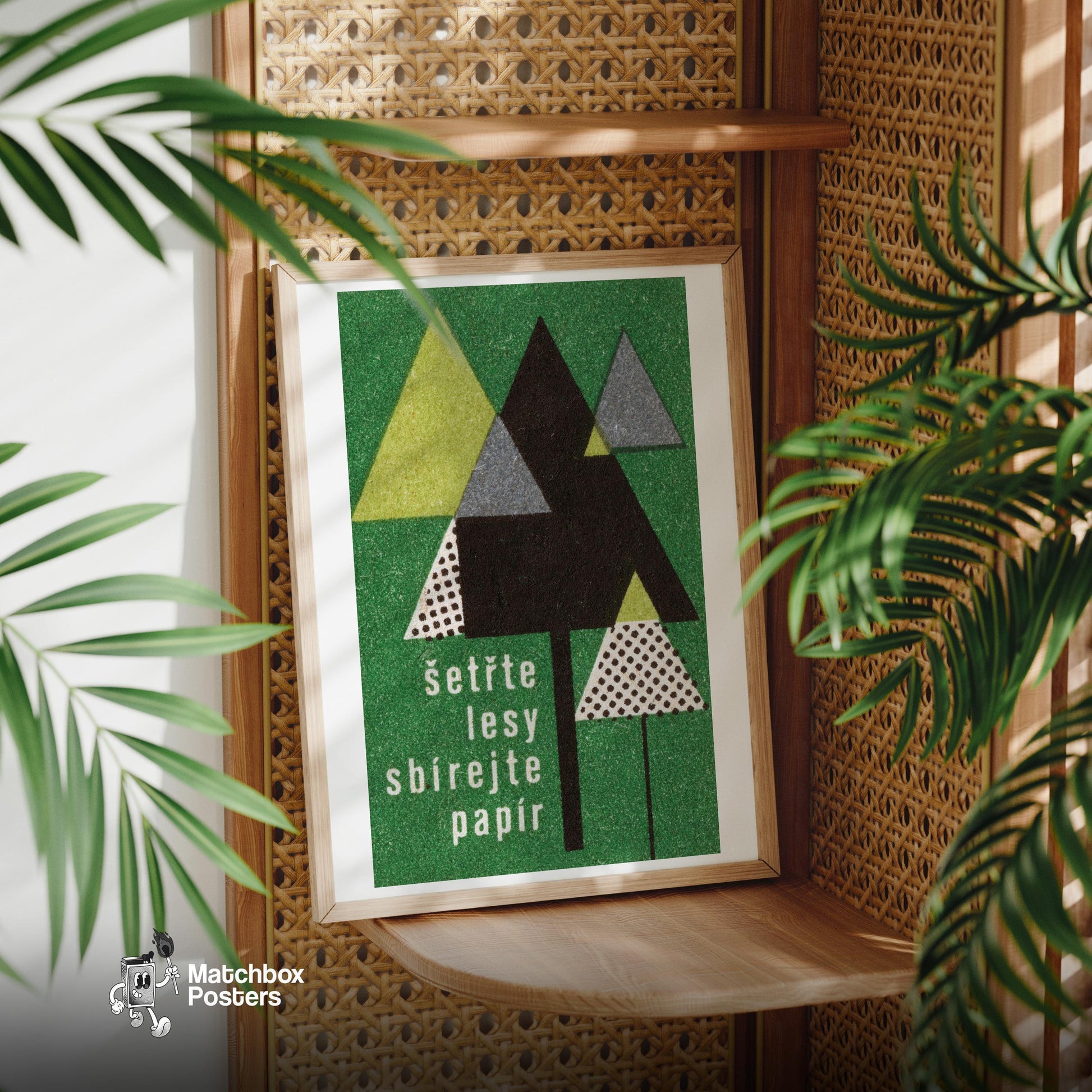 Stylized Geometric Trees - vintage matchbox label print - office wall