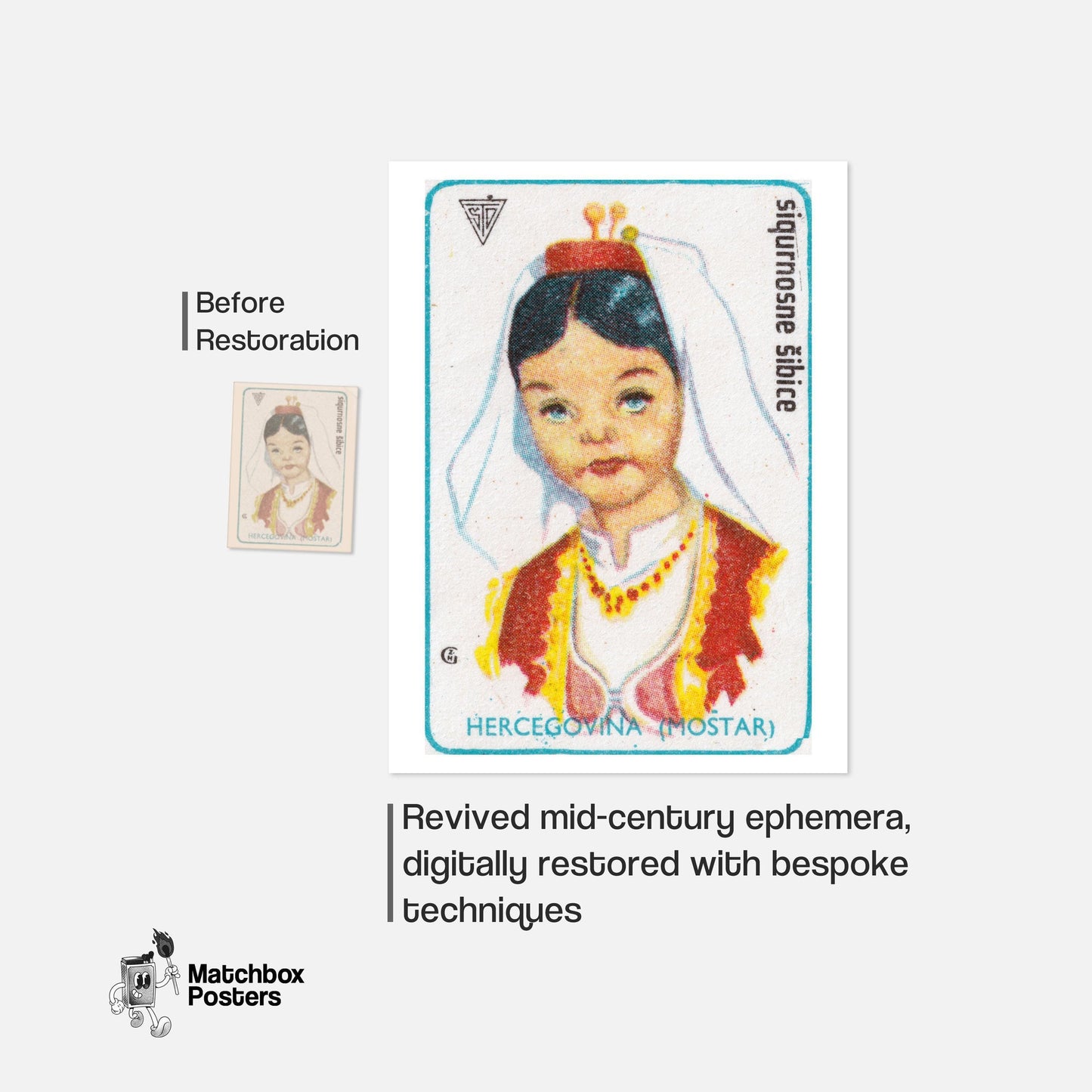 Herzegovinian Girl - vintage matchbox label print - framed wall art preview