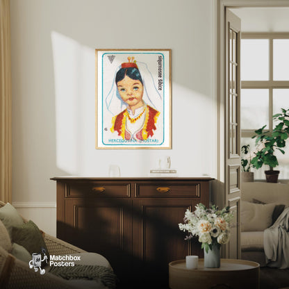 Herzegovinian Girl - vintage matchbox label print - living room mockup