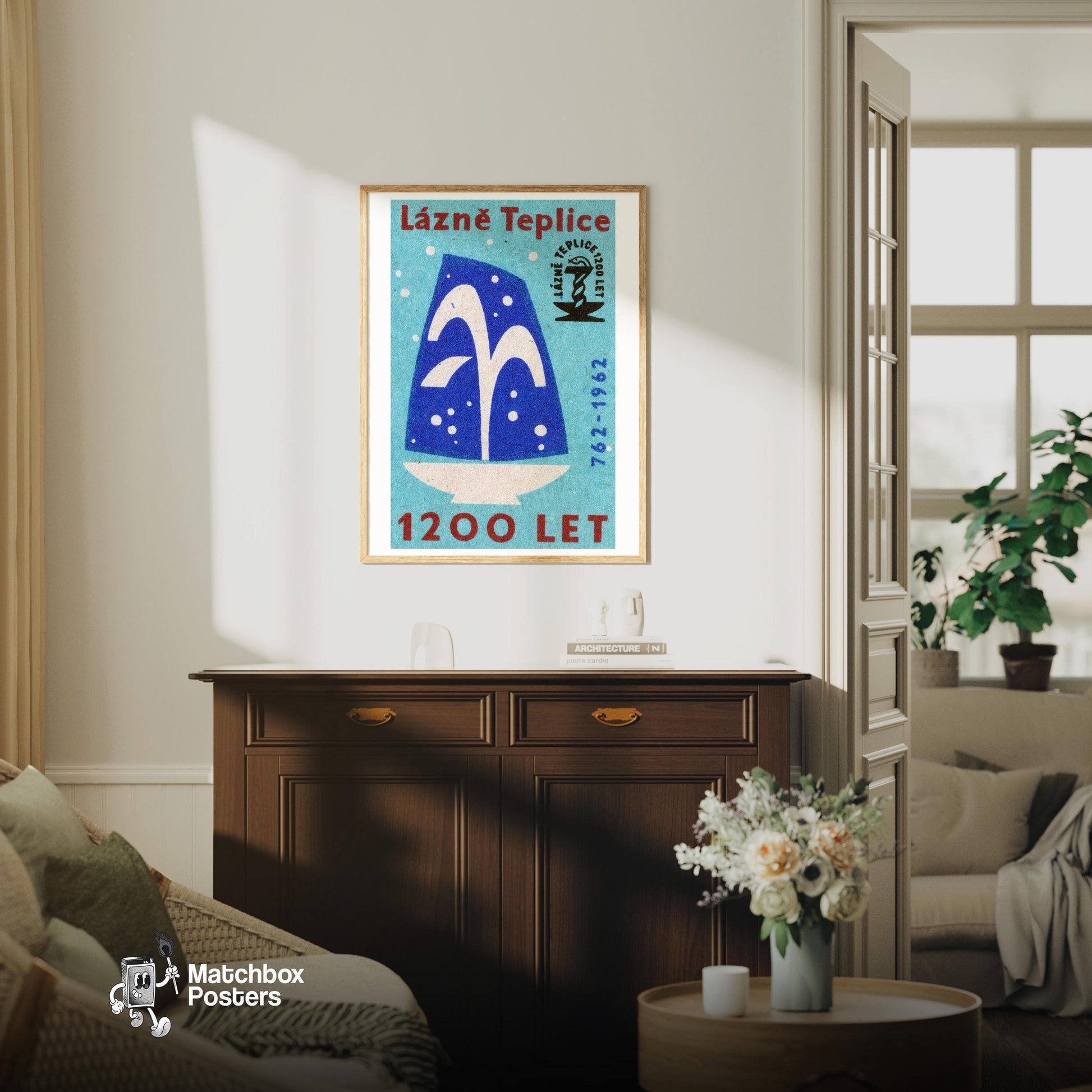 Stylized Fountain - vintage matchbox label print - living room mockup