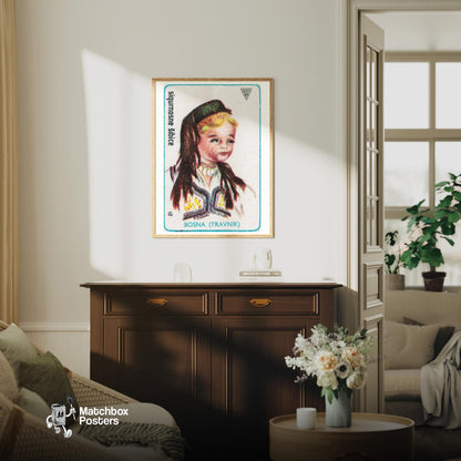 Bosnian Child - vintage matchbox label print - living room mockup