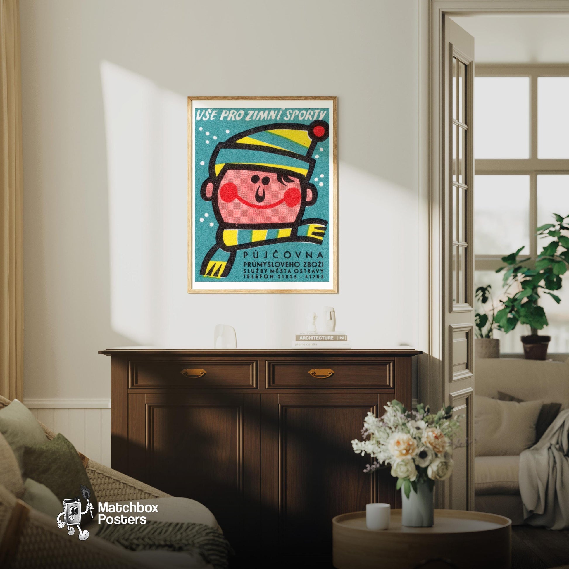 Winter Sports - vintage matchbox label print - living room mockup