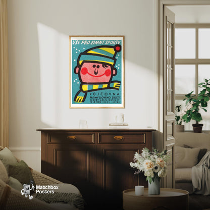 Winter Sports - vintage matchbox label print - living room mockup