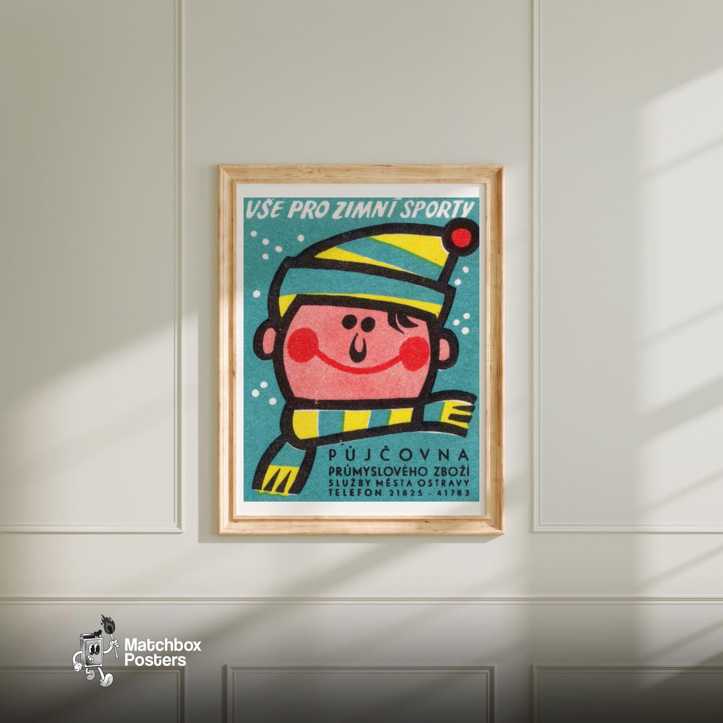 Winter Sports - vintage matchbox label print - bedroom mockup