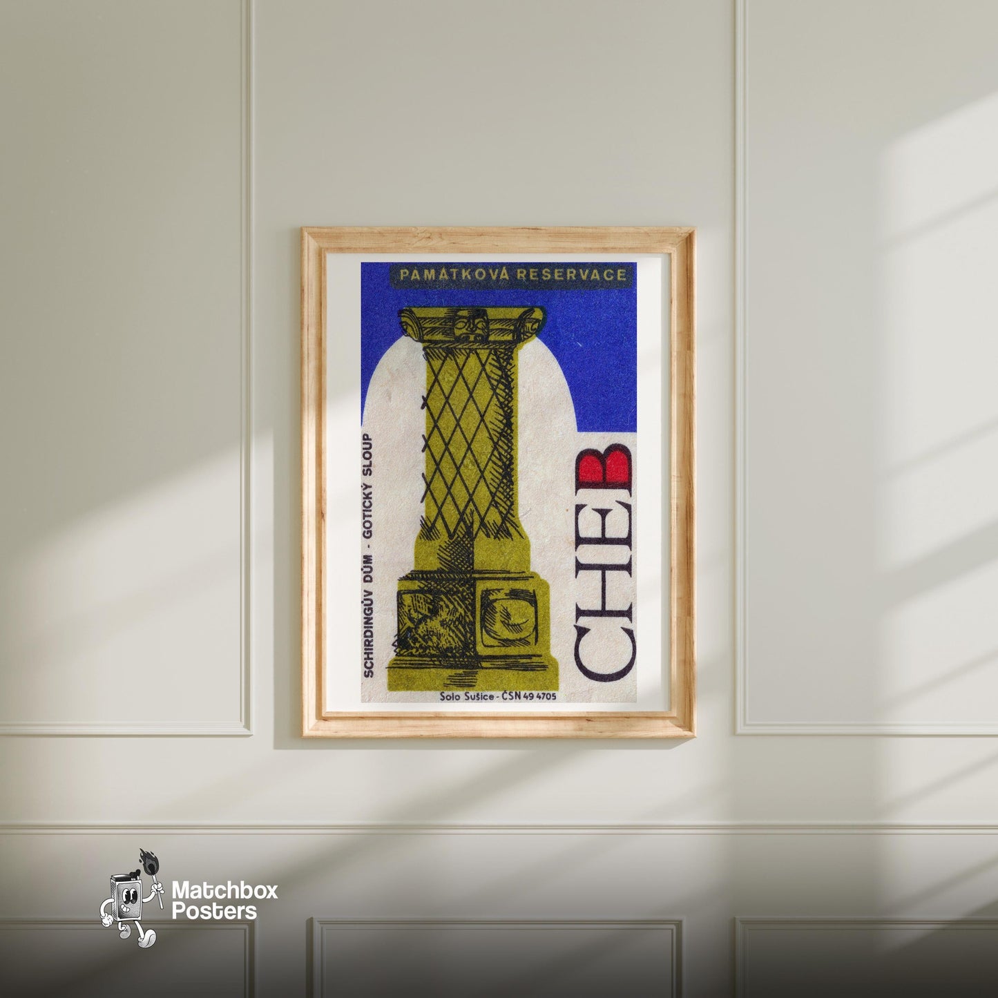 Green Column - vintage matchbox label print - bedroom mockup