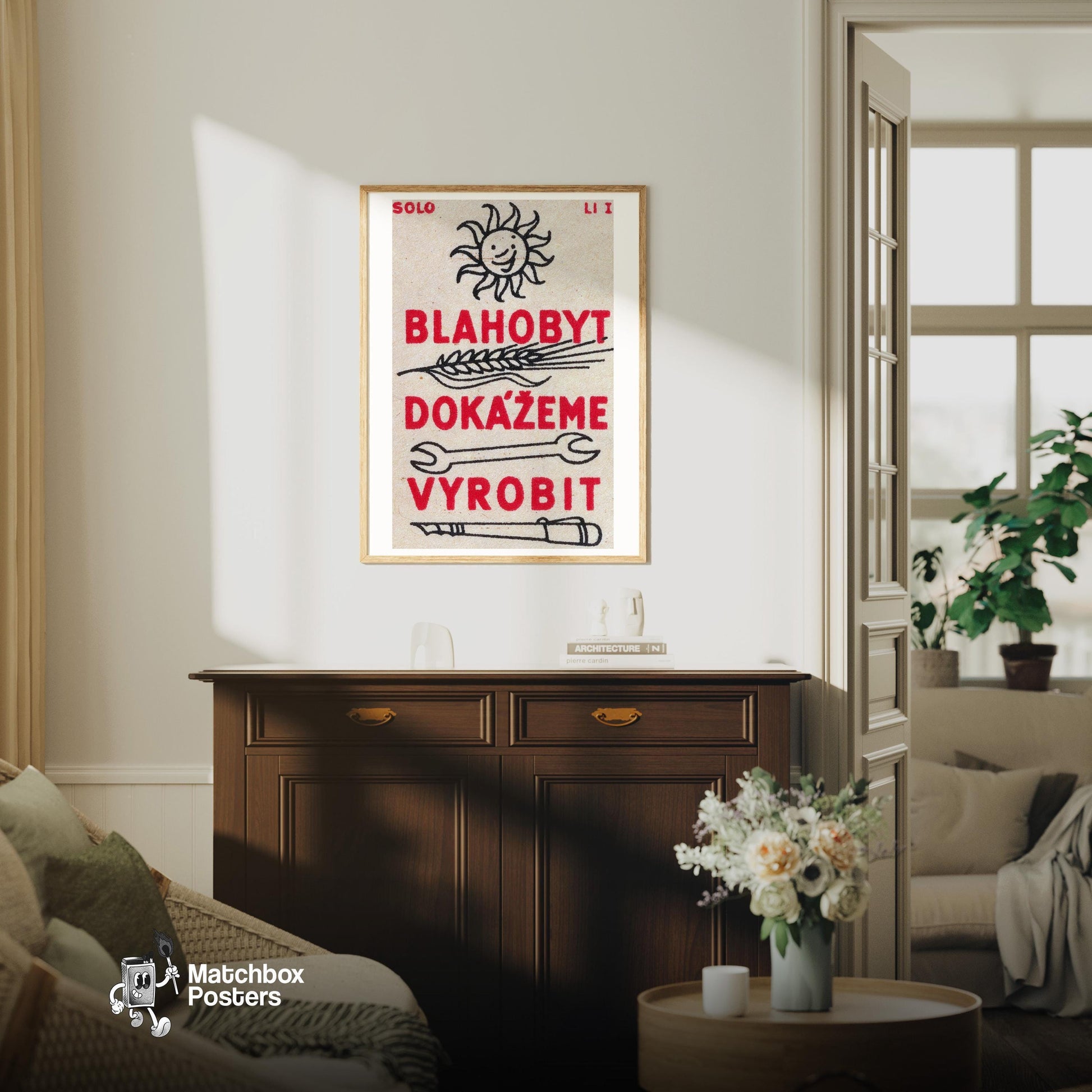 We Can Produce Welfare - vintage matchbox label print - living room mockup