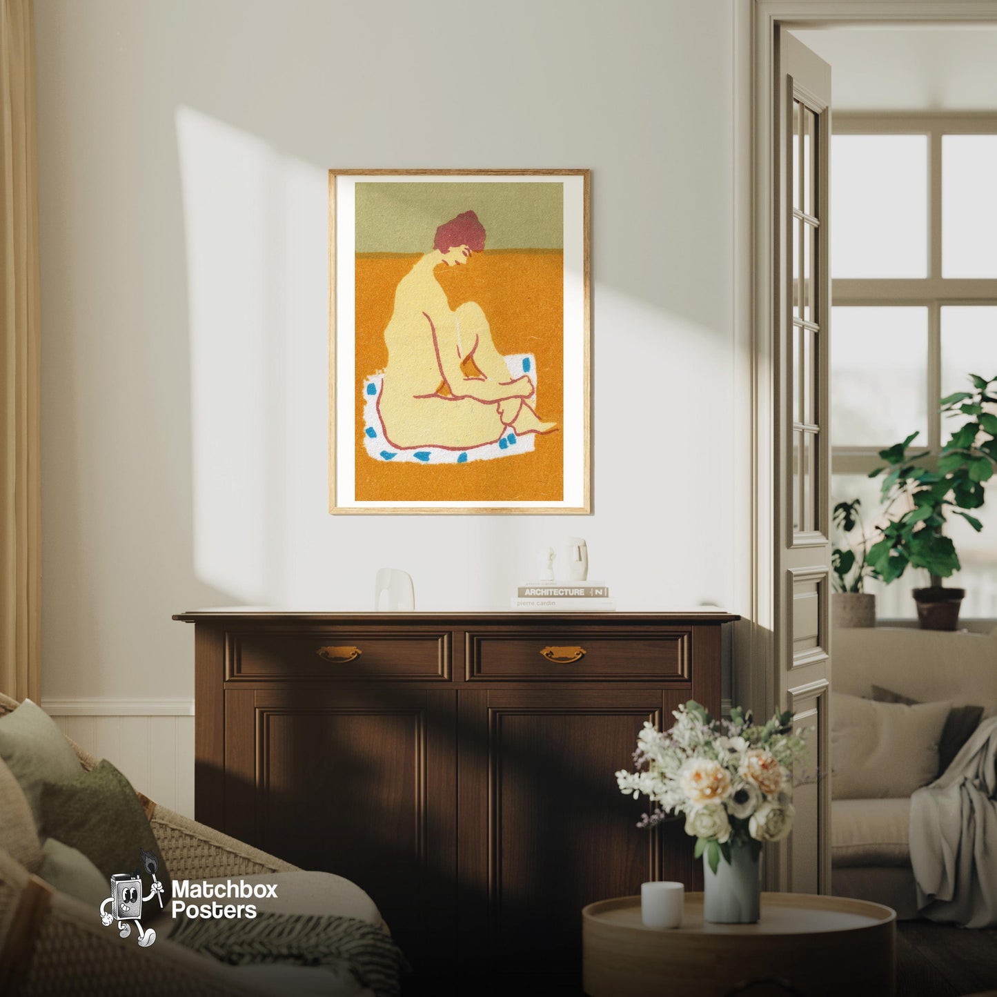 Seated Woman - vintage matchbox label print - living room mockup