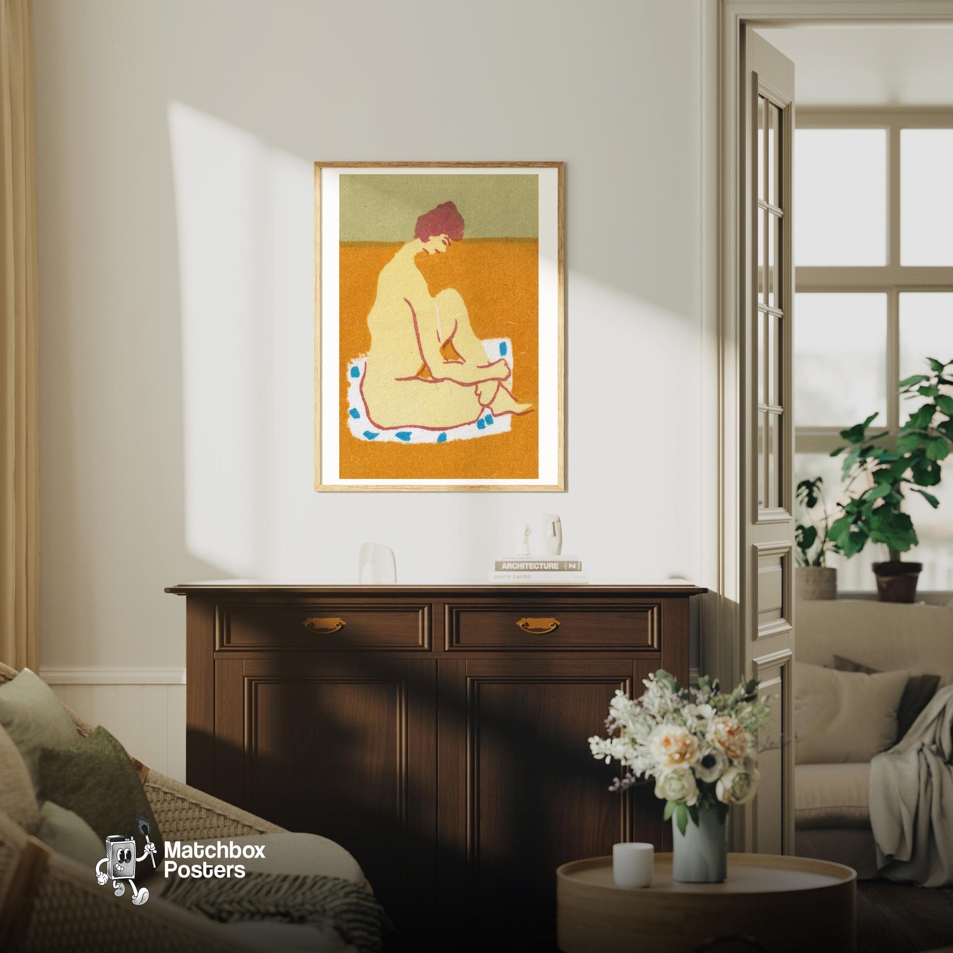 Seated Woman - vintage matchbox label print - living room mockup