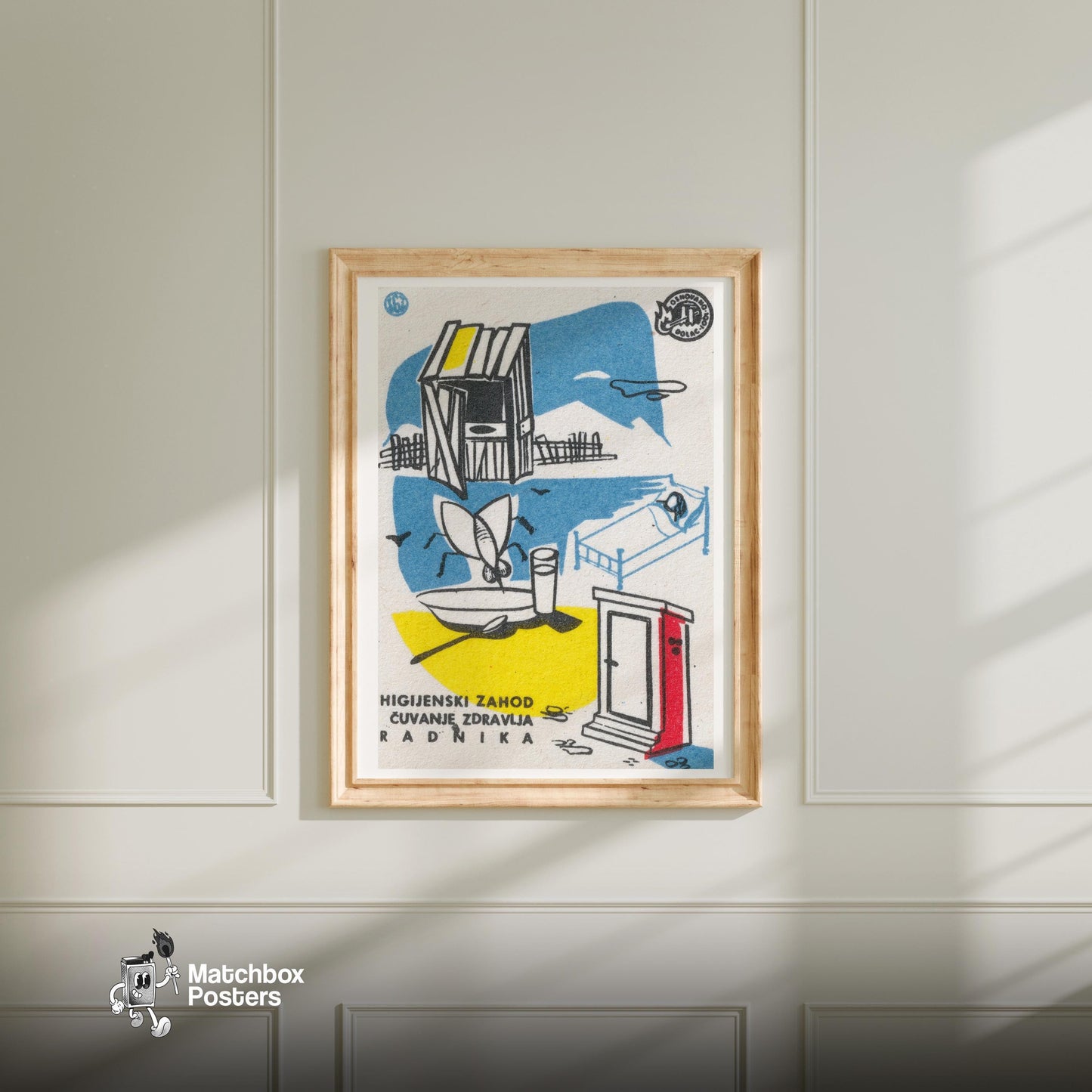 Fly Eating Food - vintage matchbox label print - bedroom mockup