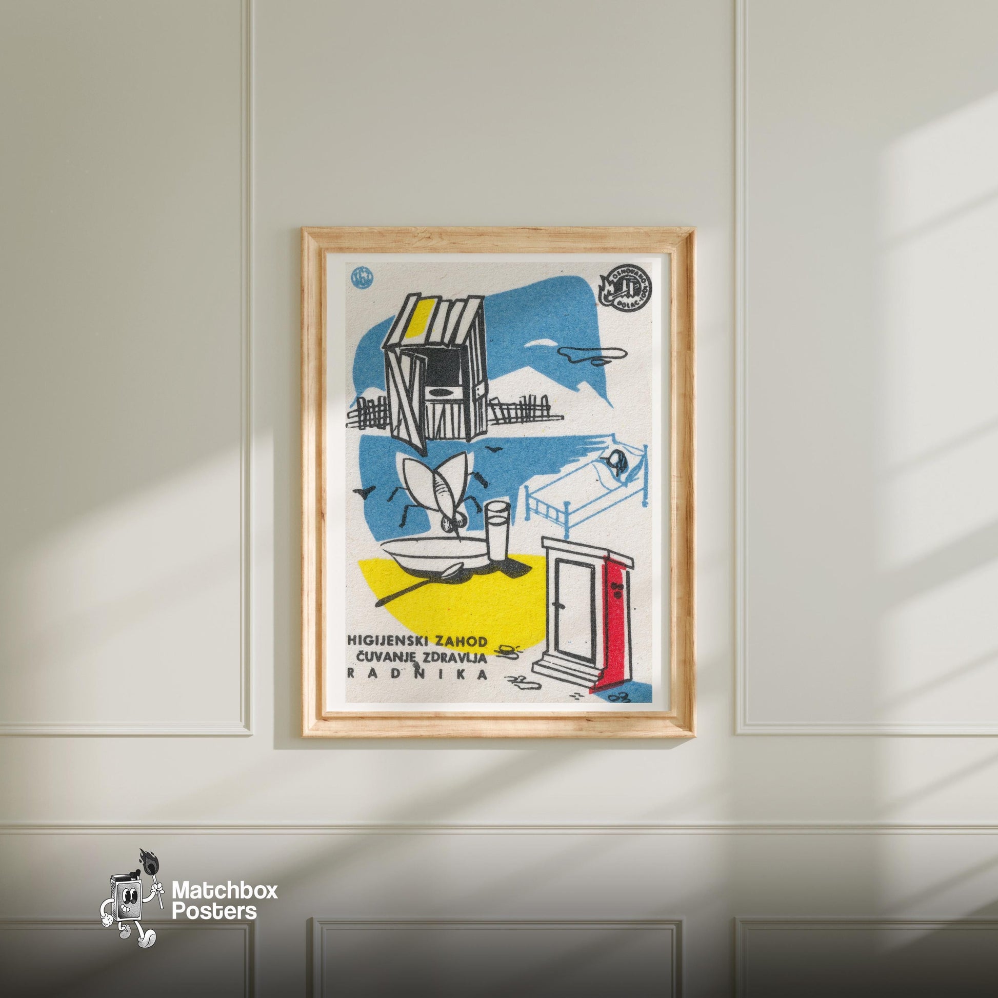 Fly Eating Food - vintage matchbox label print - bedroom mockup