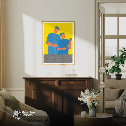 Two Workers - vintage matchbox label print - living room mockup