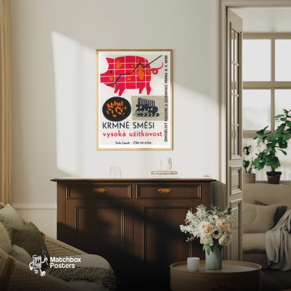 Red Pig - vintage matchbox label print - living room mockup