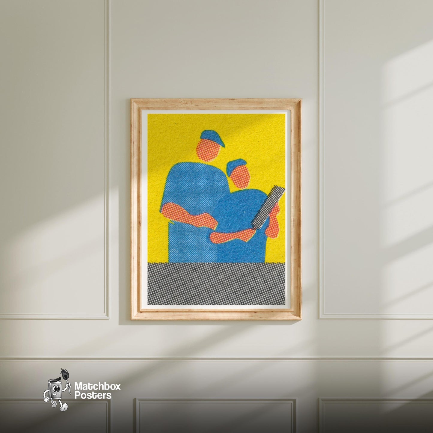Two Workers - vintage matchbox label print - bedroom mockup