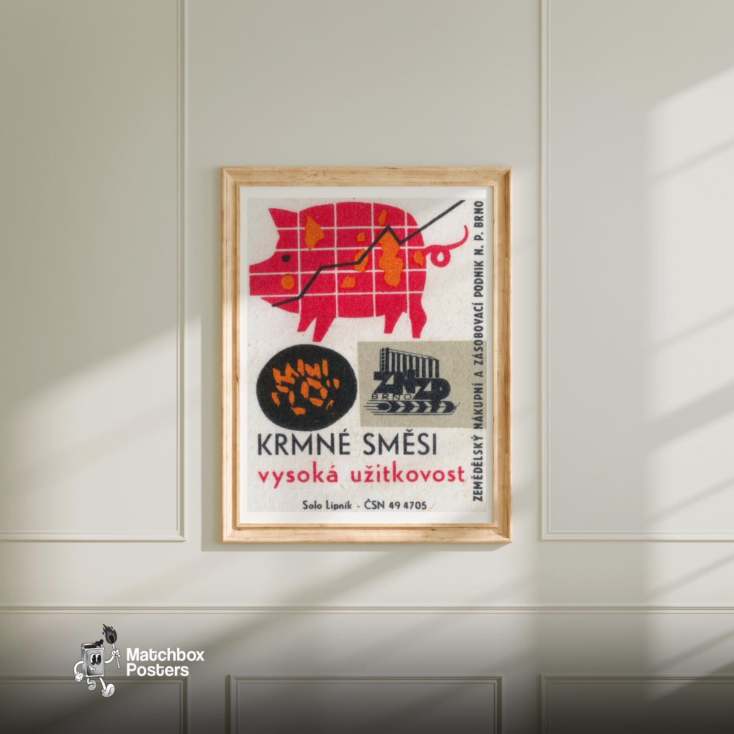 Red Pig - vintage matchbox label print - bedroom mockup