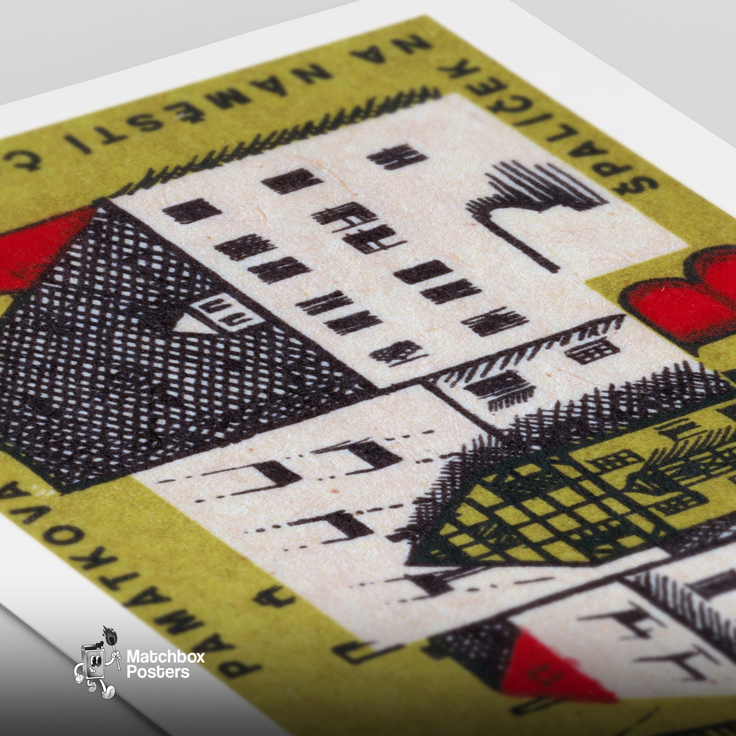 Illustration Of Historic Buildings - vintage matchbox label print - close-up detail