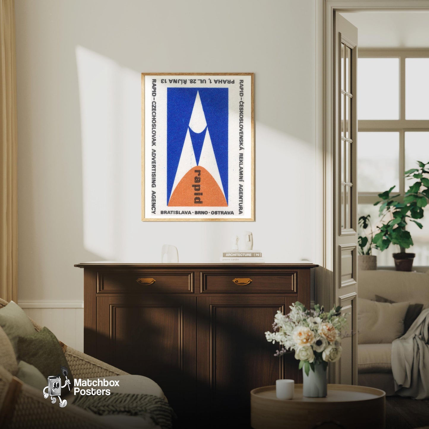 Geometric Shapes - vintage matchbox label print - living room mockup