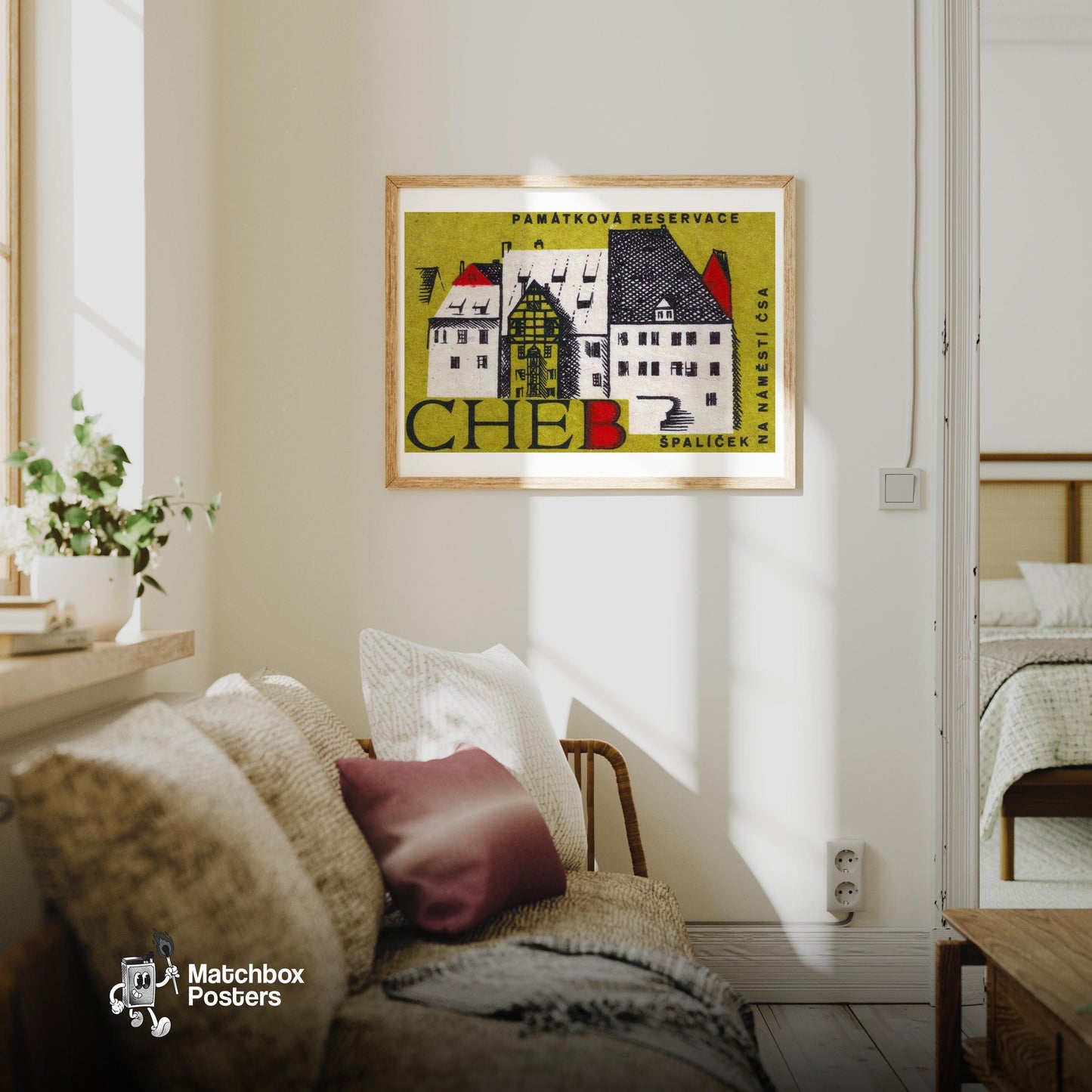 Illustration Of Historic Buildings - vintage matchbox label print - living room mockup