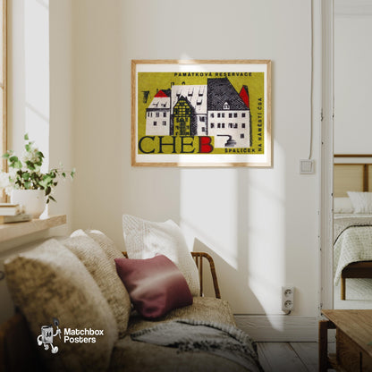 Illustration Of Historic Buildings - vintage matchbox label print - living room mockup