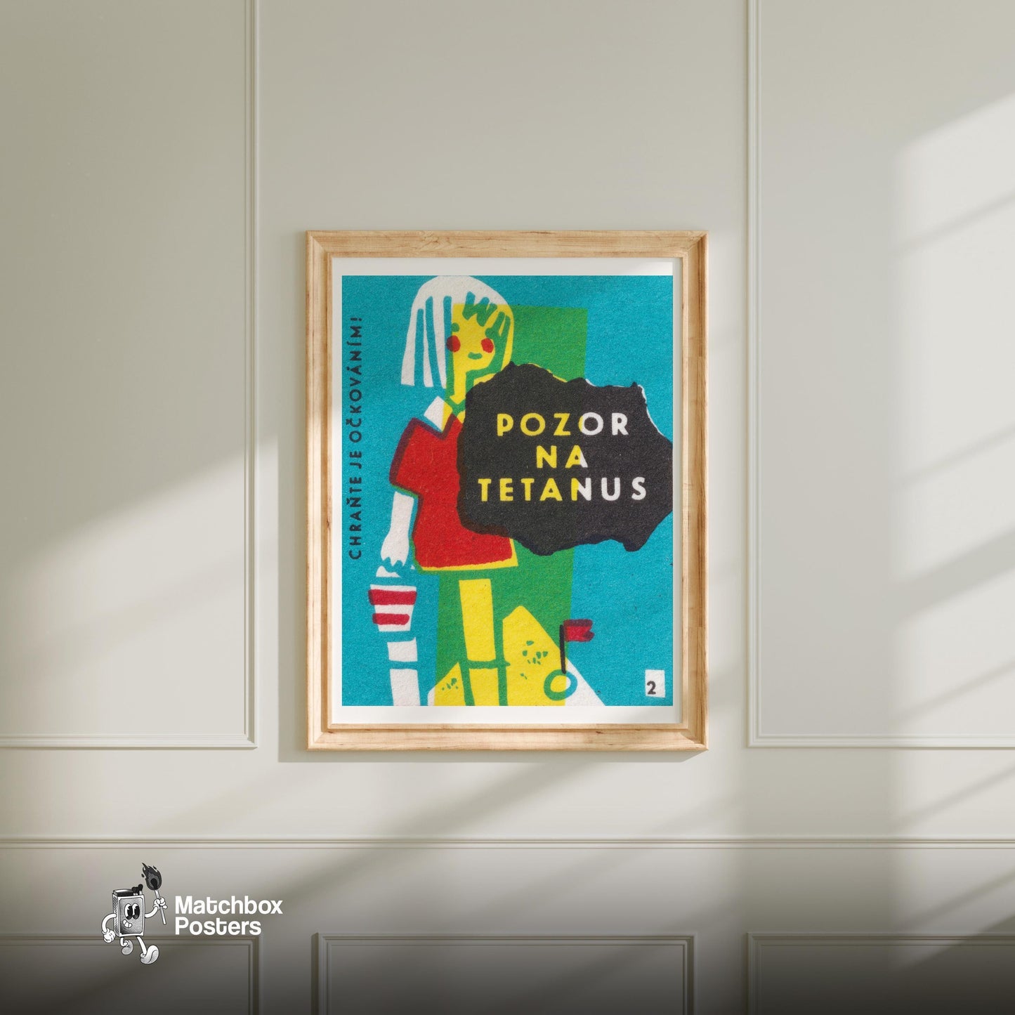 Beware of Tetanus - vintage matchbox label print - bedroom mockup