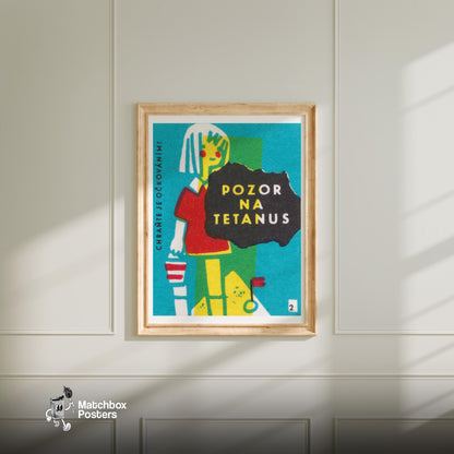 Beware of Tetanus - vintage matchbox label print - bedroom mockup