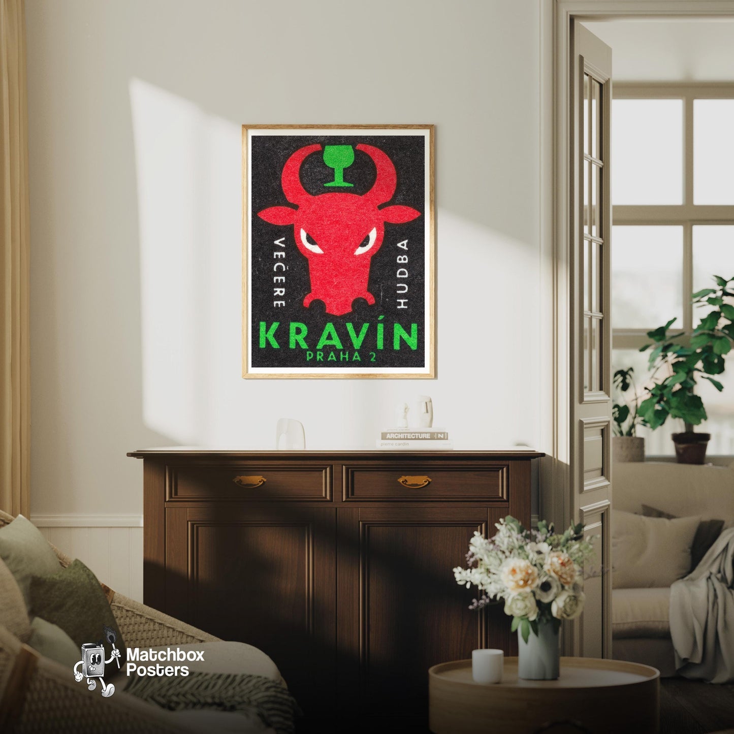 Red Bull with Goblet - vintage matchbox label print - living room mockup