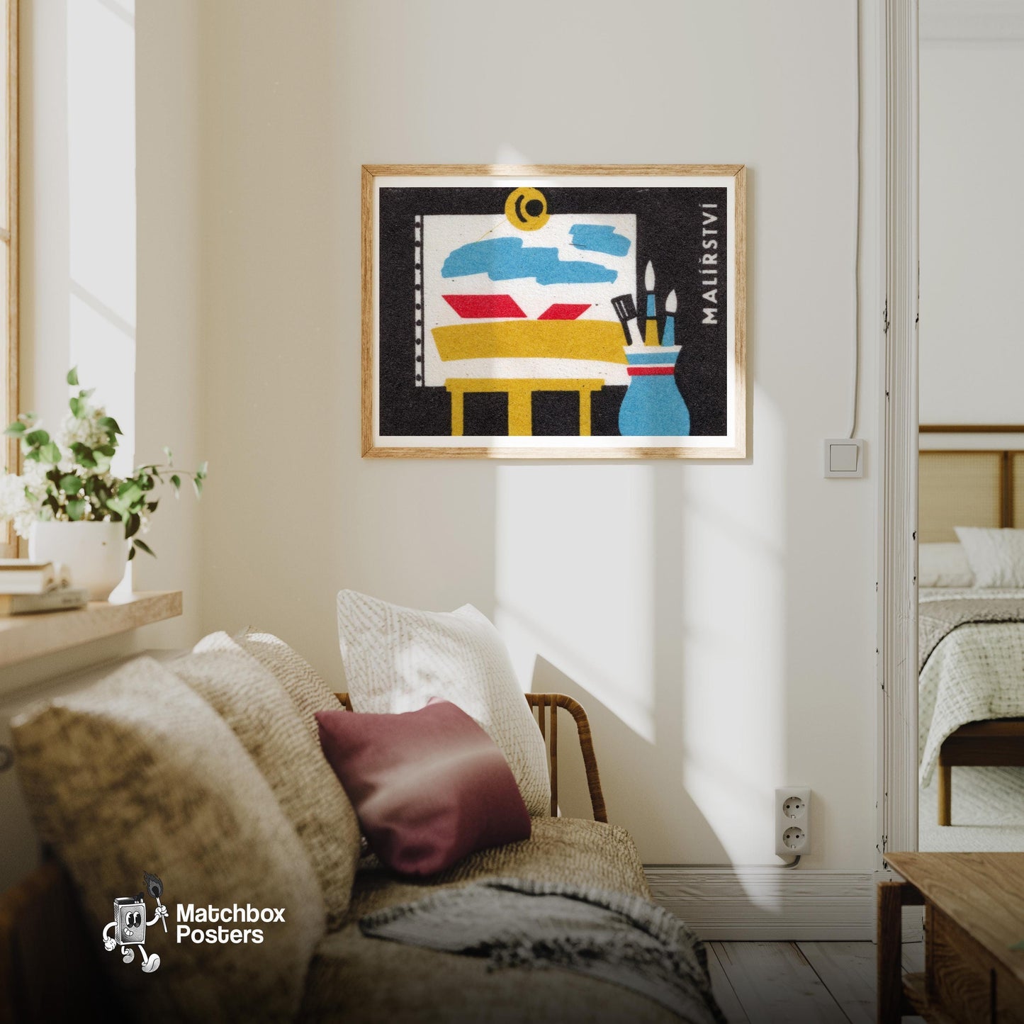 Easel and Paintbrushes - vintage matchbox label print - living room mockup