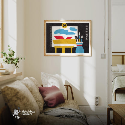Easel and Paintbrushes - vintage matchbox label print - living room mockup