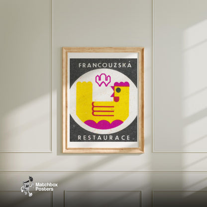 Yellow Chicken - vintage matchbox label print - bedroom mockup