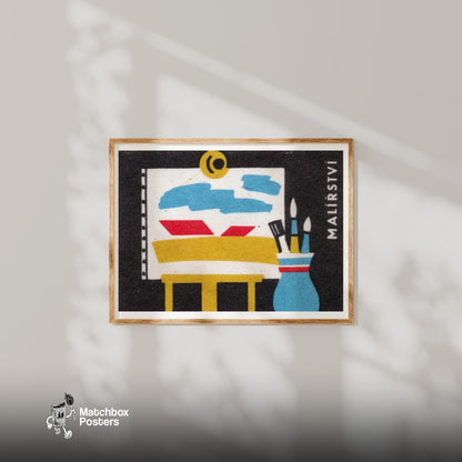 Easel and Paintbrushes - vintage matchbox label print - bedroom mockup