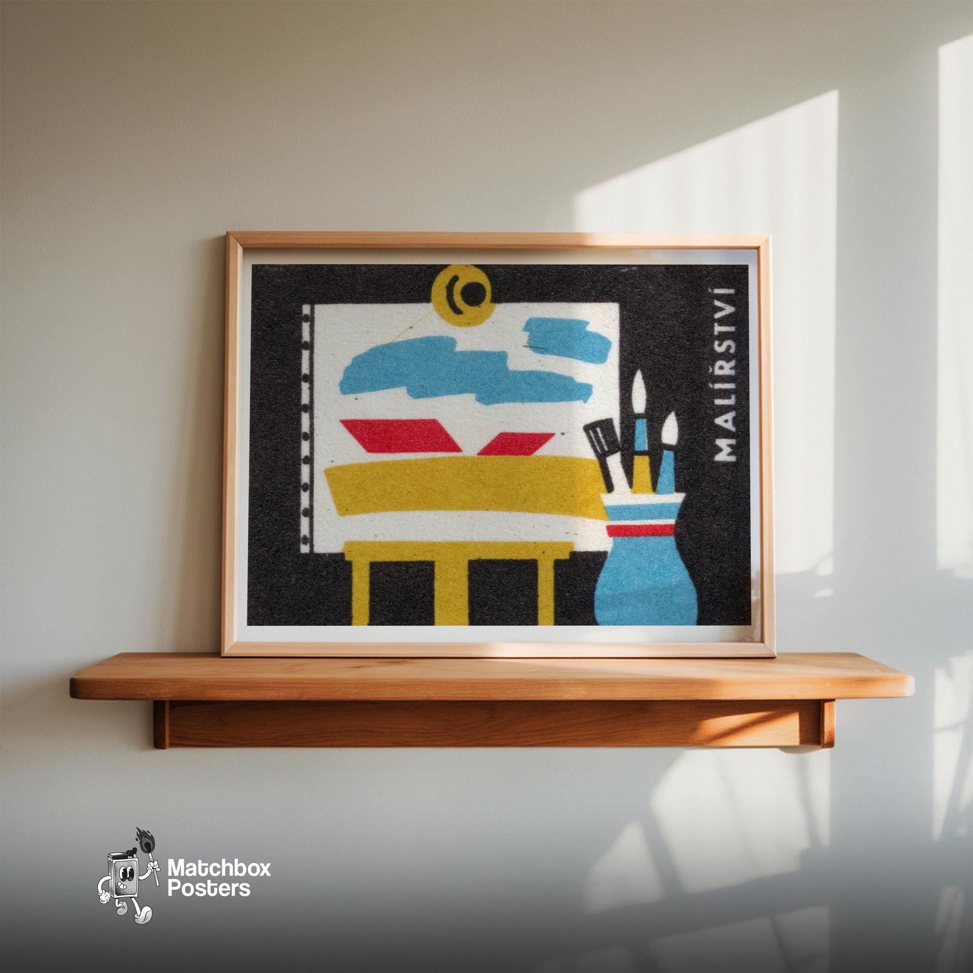 Easel and Paintbrushes - vintage matchbox label print - size comparison