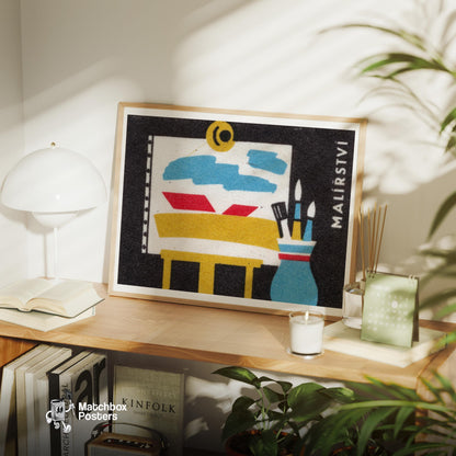 Easel and Paintbrushes - vintage matchbox label print - office wall