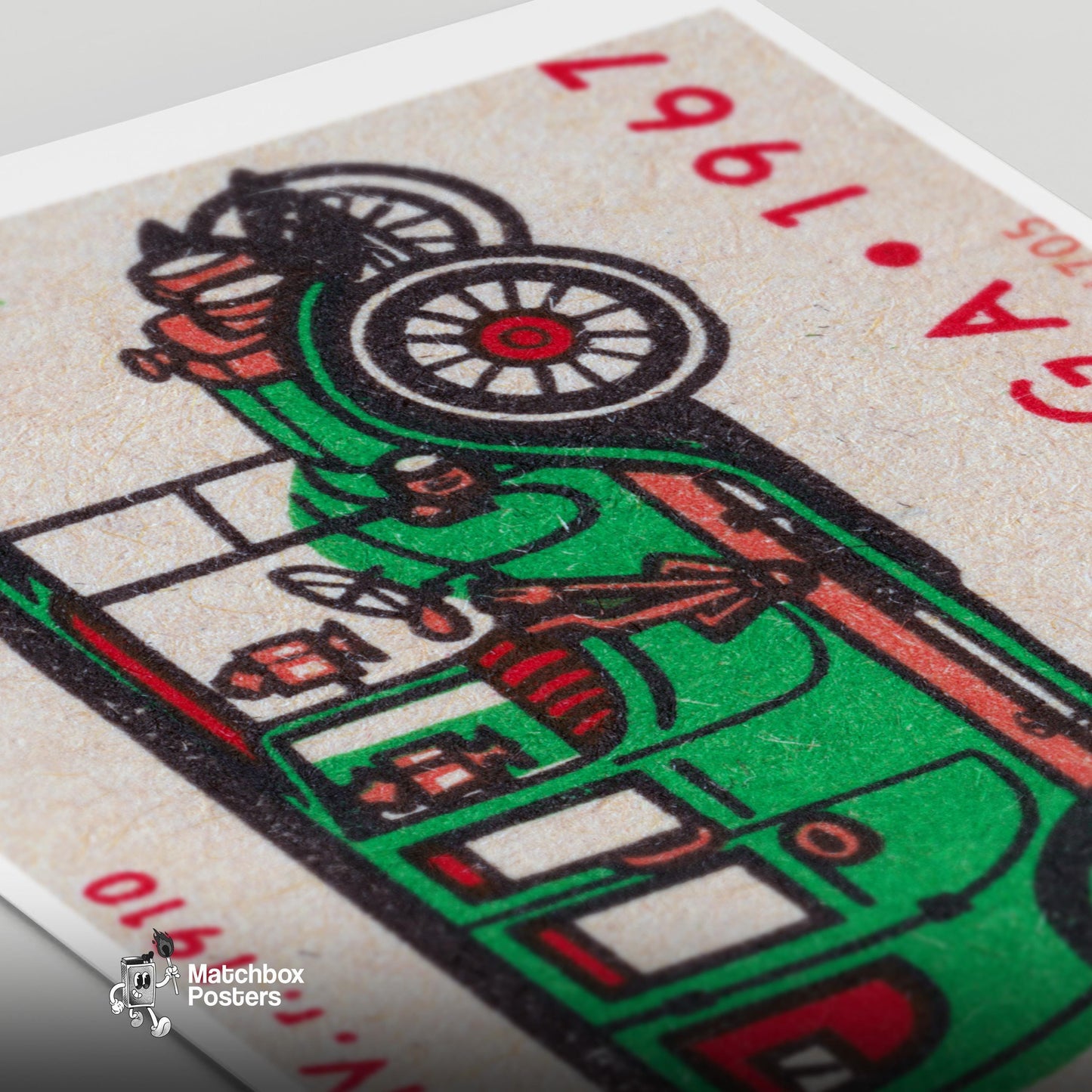 Old Green Car - vintage matchbox label print - close-up detail