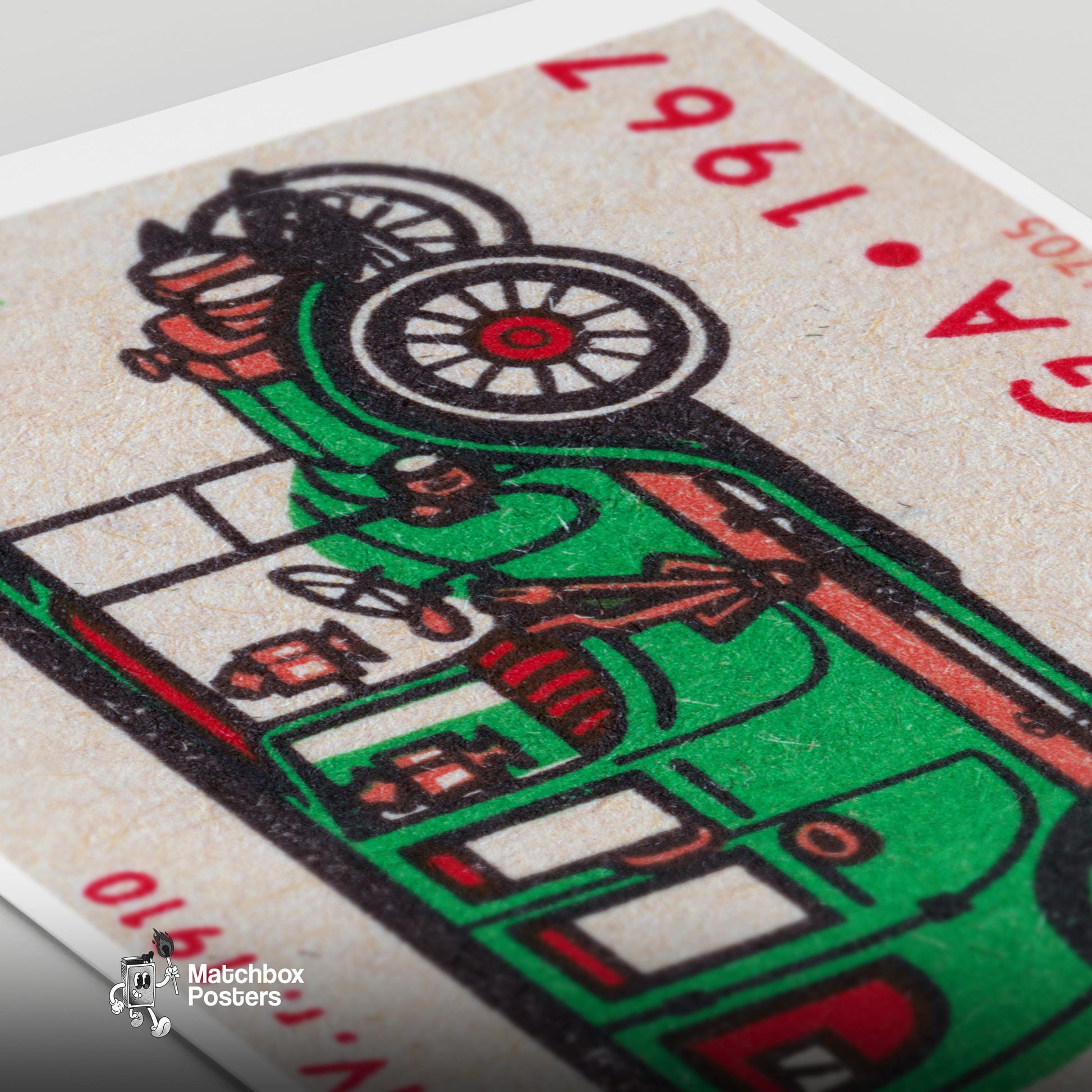 Old Green Car - vintage matchbox label print - close-up detail