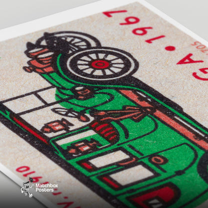 Old Green Car - vintage matchbox label print - close-up detail
