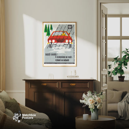 Red Car in Rain - vintage matchbox label print - living room mockup