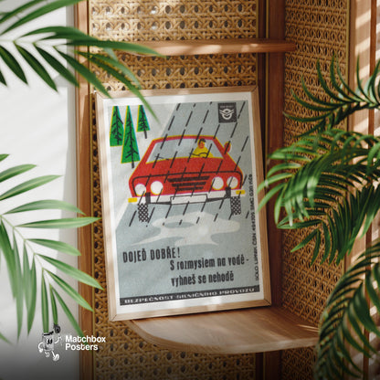 Red Car in Rain - vintage matchbox label print - office wall